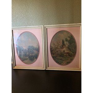 2 Vintage Art Prints Country Farm, White Frames, Pink Oval Matts, Provential
